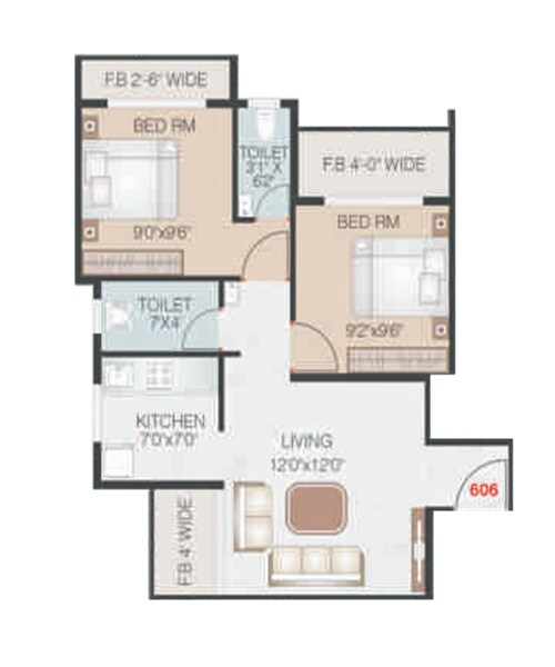 Floor plan of 2 BHK 600 Sq. Ft. Apartment in Abhishek Shrihari Chandan Apartments, Thane