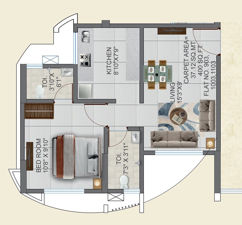Floor plan of 1 BHK 415 Sq. Ft. Apartment in Abode Navrang Heights, Thane