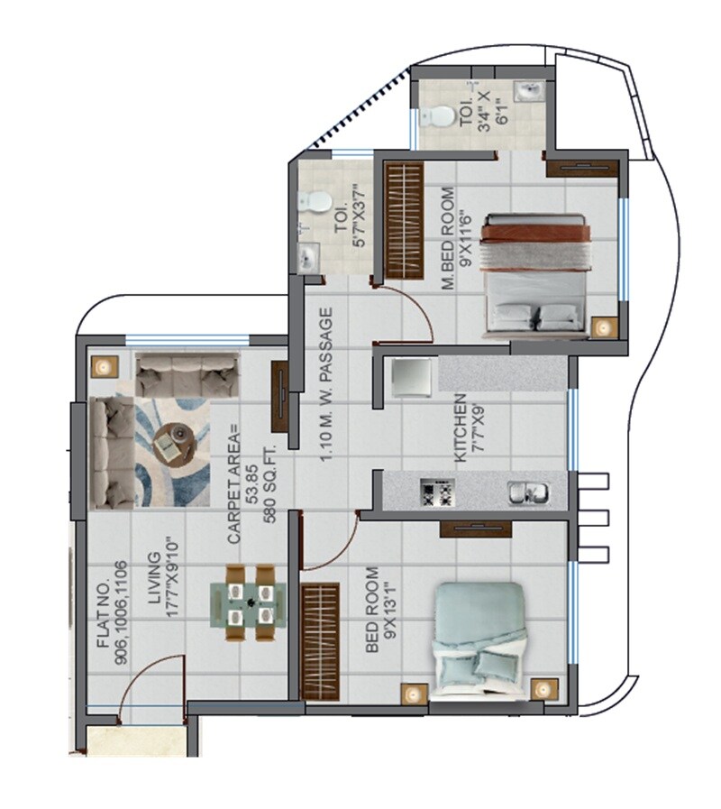 Floor plan of 2 BHK 580 Sq. Ft. Apartment in Abode Navrang Heights, Thane