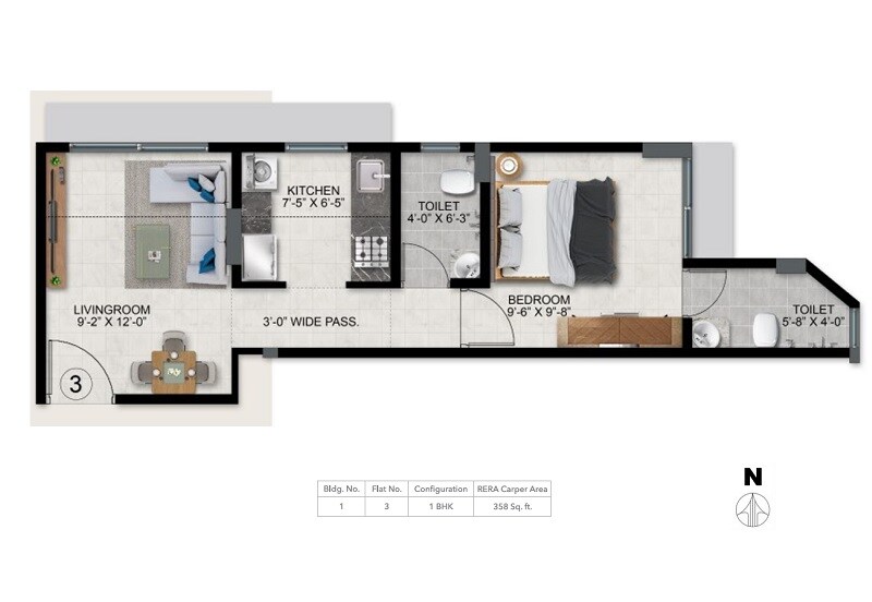 Floor plan of 1 BHK 358 Sq. Ft. Apartment in Ace Aristo, Thane