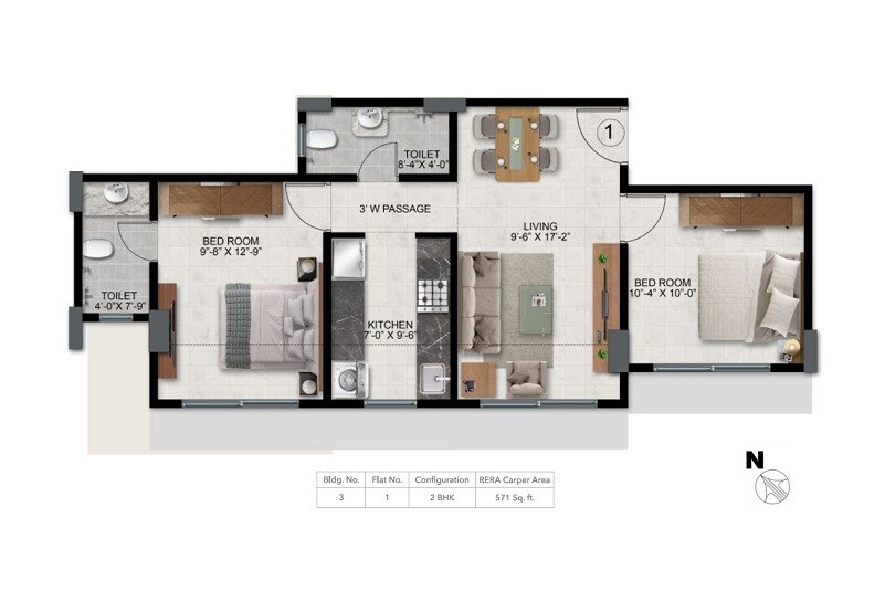 Floor plan of 2 BHK 571 Sq. Ft. Apartment in Ace Aristo, Thane