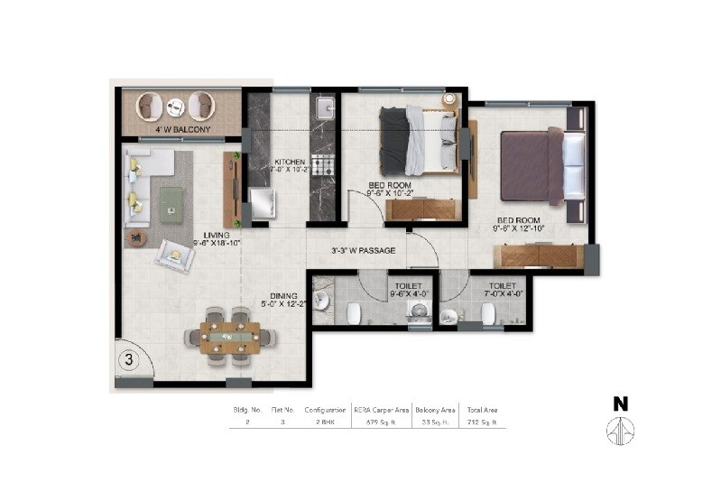 Floor plan of 2 BHK 712 Sq. Ft. Apartment in Ace Aristo, Thane