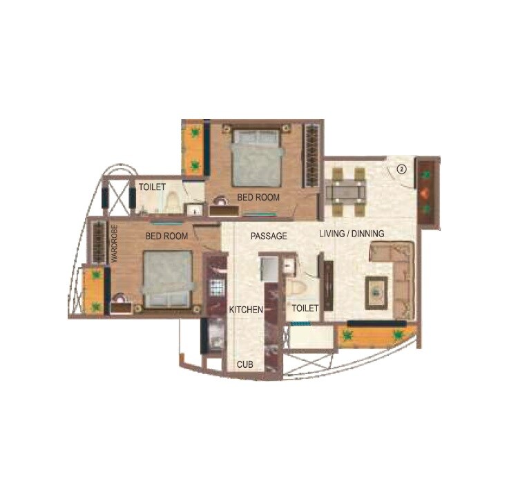 Floor plan of 2 BHK 646 Sq. Ft. Apartment in Ace Aviana, Thane