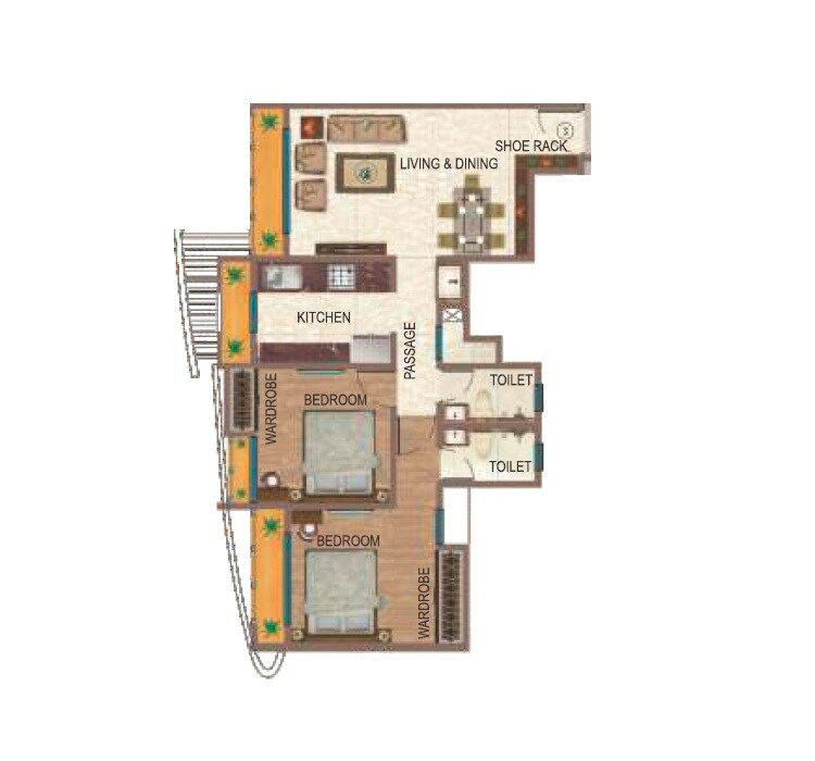 Floor plan of 2 BHK 675 Sq. Ft. Apartment in Ace Aviana, Thane