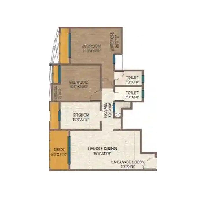 Floor plan of 2 BHK 727 Sq. Ft. Apartment in Ace Aviana, Thane