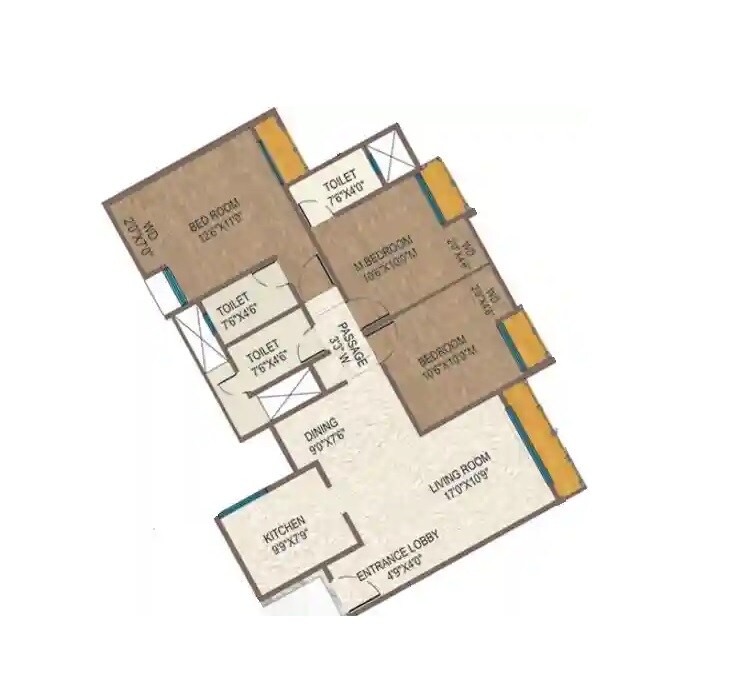 Floor plan of 3 BHK 934 Sq. Ft. Apartment in Ace Aviana, Thane
