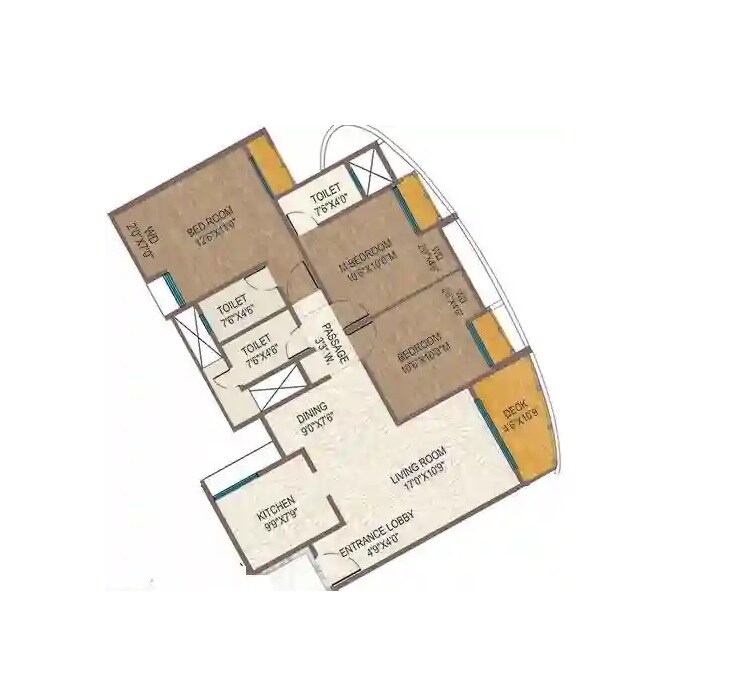 Floor plan of 3 BHK 994 Sq. Ft. Apartment in Ace Aviana, Thane