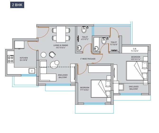 Floor plan of 2 BHK 484 Sq. Ft. Apartment in ACE Homes, Thane