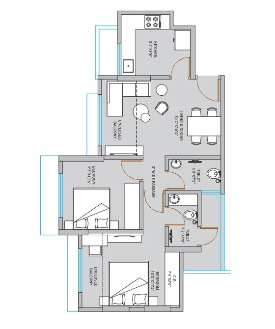 Floor plan of 2 BHK 512 Sq. Ft. Apartment in ACE Homes, Thane