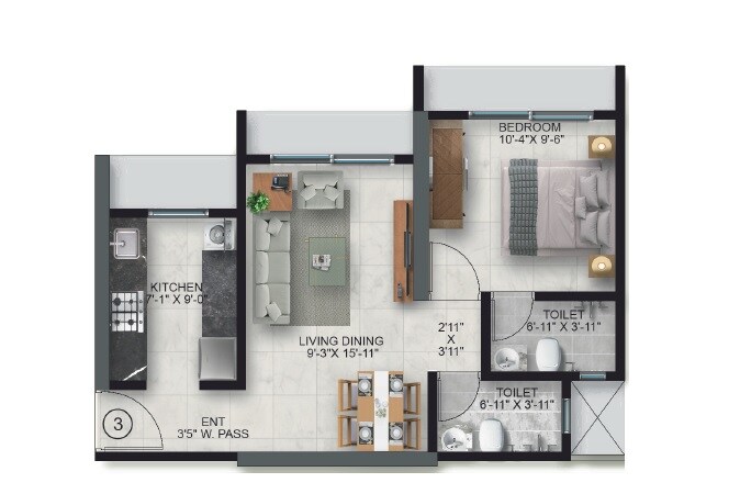 Floor plan of 1 BHK 466 Sq. Ft. Apartment in Ace Parkside, Thane
