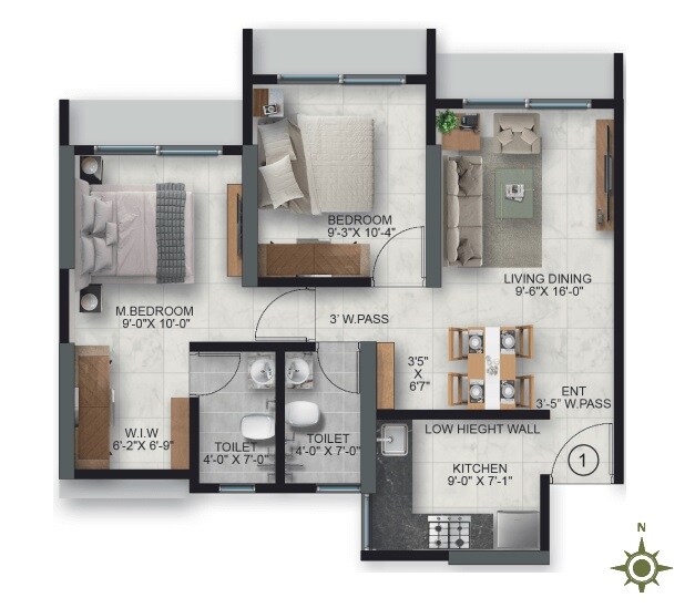 Floor plan of 2 BHK 594 Sq. Ft. Apartment in Ace Parkside, Thane