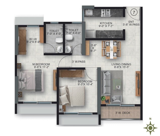 Floor plan of 2 BHK 653 Sq. Ft. Apartment in Ace Parkside, Thane