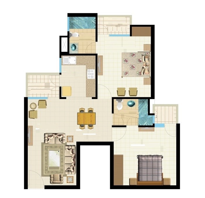 Floor plan of 2 BHK 624 Sq. Ft. Apartment in Acme Codename Mountain View, Thane