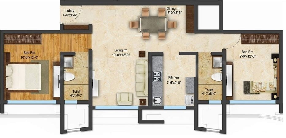 Floor plan of 2 BHK 616 Sq. Ft. Apartment in Acme Ozone, Thane