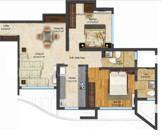 Floor plan of 2 BHK 725 Sq. Ft. Apartment in Acme Ozone, Thane