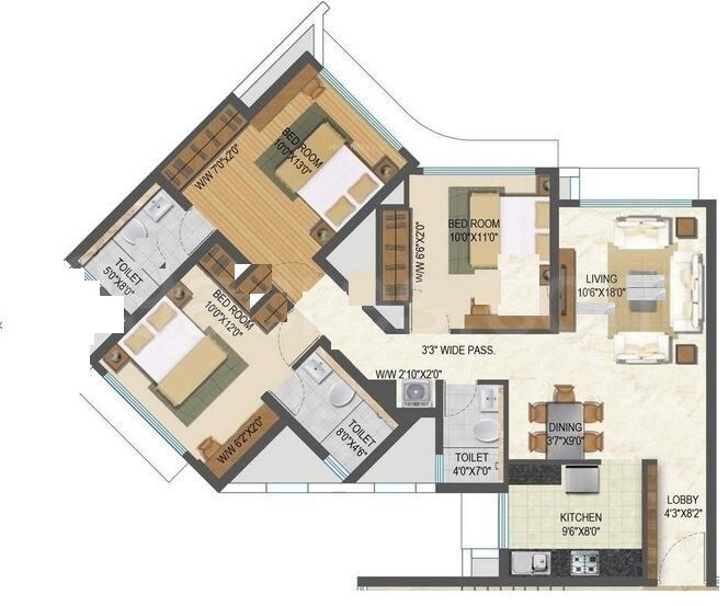 Floor plan of 3 BHK 866 Sq. Ft. Apartment in Acme Ozone, Thane