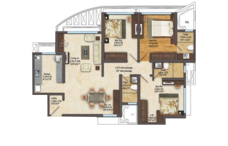 Floor plan of 3 BHK 984 Sq. Ft. Apartment in Acme Ozone, Thane