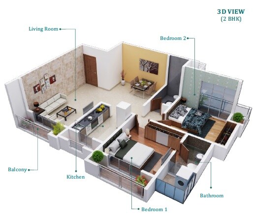 Floor plan of 2 BHK 622 Sq. Ft. Apartment in Adhiraj Niramaya Heights, Thane