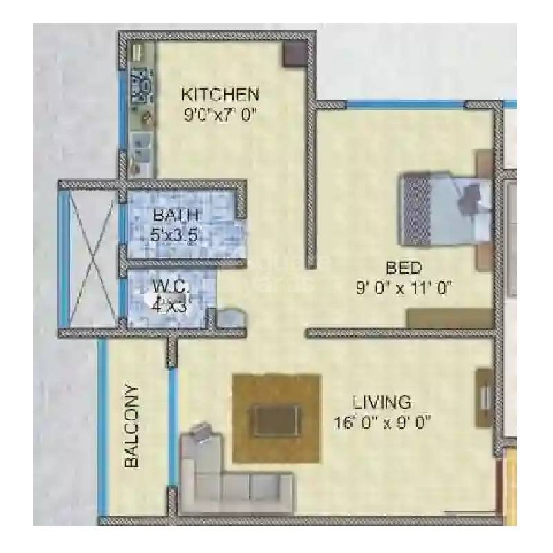 Floor plan of 1 BHK 520 Sq. Ft. Apartment in Adi Shivdas Arcade, Thane