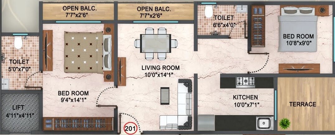 Floor plan of 2 BHK 763 Sq. Ft. Apartment in Adimaya Adishakti, Thane