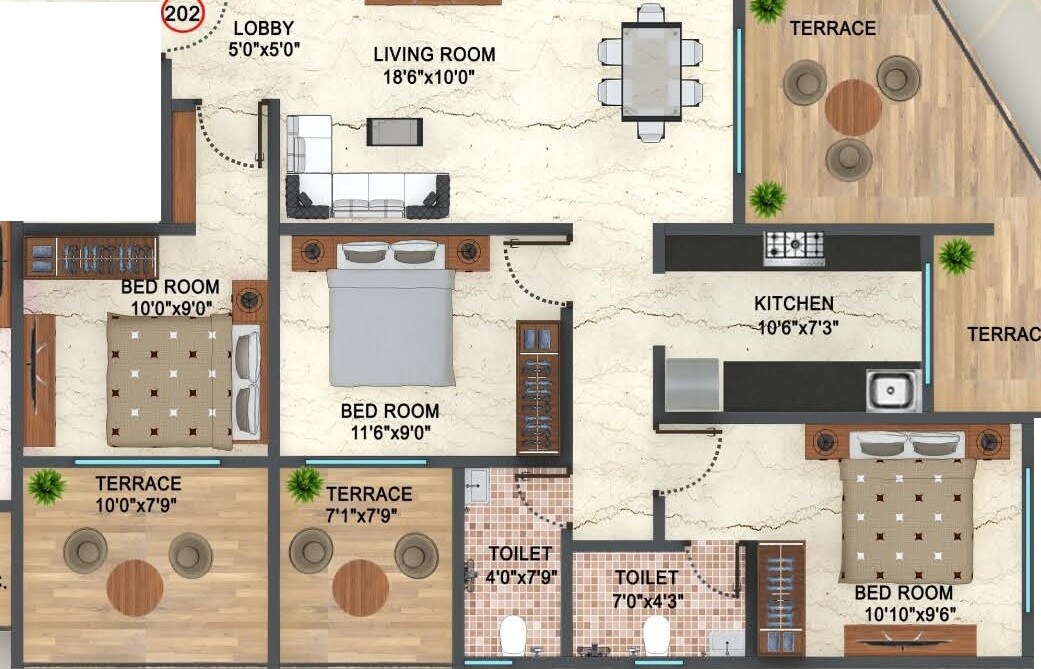 Floor plan of 3 BHK 1135 Sq. Ft. Apartment in Adimaya Adishakti, Thane