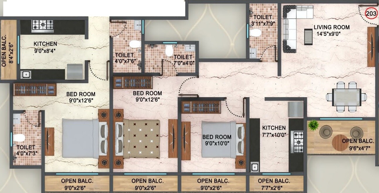 Floor plan of 3 BHK 883 Sq. Ft. Apartment in Adimaya Adishakti, Thane
