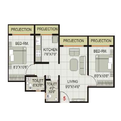 2 BHK 542 Sq. Ft. Apartment