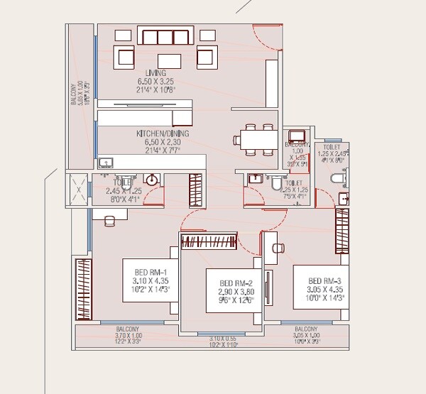 Floor plan of 3 BHK 1205 Sq. Ft. Apartment in Aditya Arvind CHS, Thane