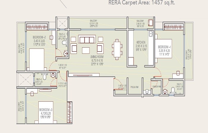 Floor plan of 3 BHK 1457 Sq. Ft. Apartment in Aditya Arvind CHS, Thane