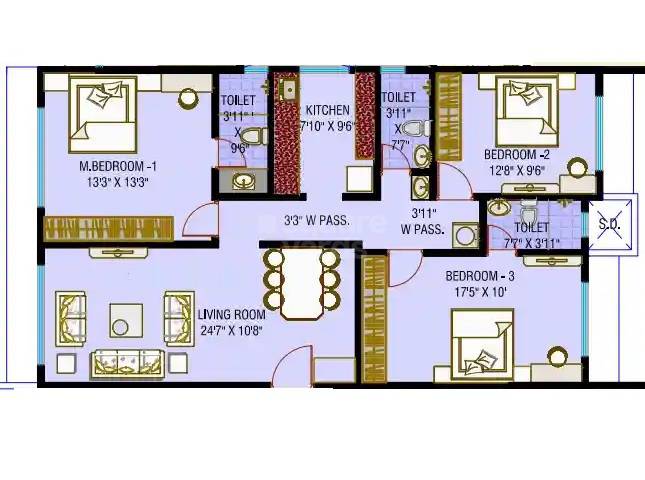 Floor plan of 3 BHK 1051 Sq. Ft. Apartment in Aditya Phatak Wada, Thane