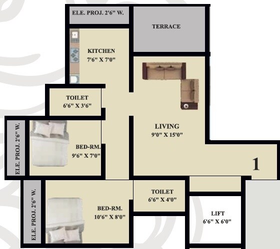 Floor plan of 2 BHK 411 Sq. Ft. Apartment in Aditya Platinum, Thane
