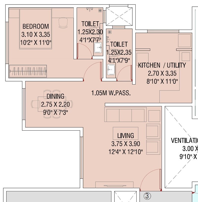 Floor plan of 1 BHK 565 Sq. Ft. Apartment in Aditya Rameshwar CHS, Thane
