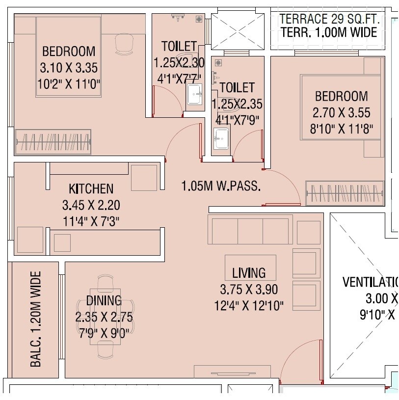 Floor plan of 2 BHK 712 Sq. Ft. Apartment in Aditya Rameshwar CHS, Thane
