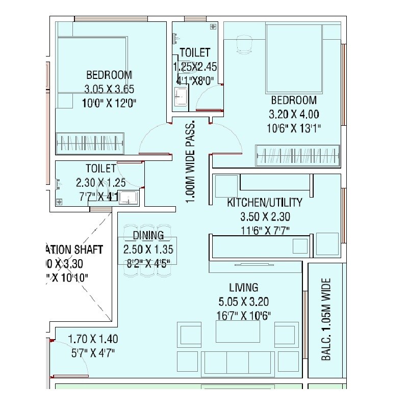 Floor plan of 2 BHK 843 Sq. Ft. Apartment in Aditya Rameshwar CHS, Thane