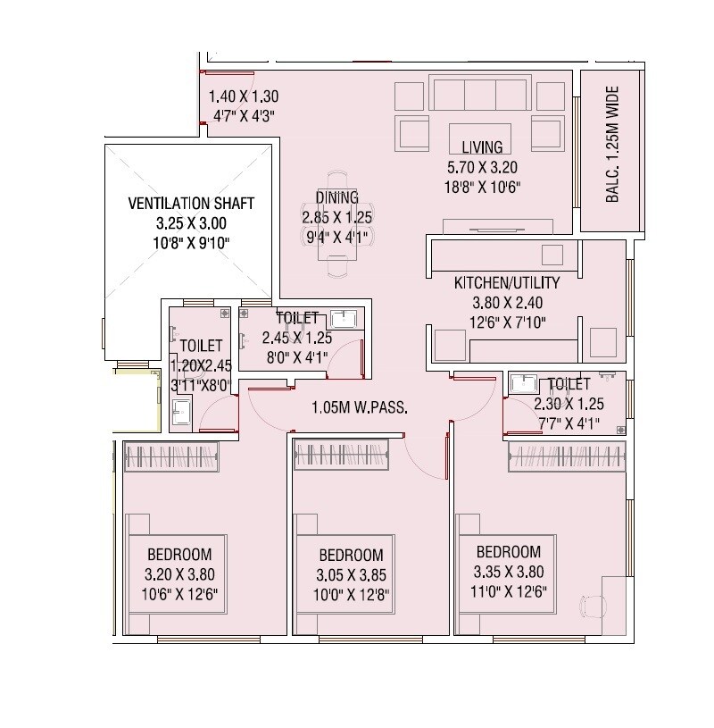 Floor plan of 3 BHK 1011 Sq. Ft. Apartment in Aditya Rameshwar CHS, Thane