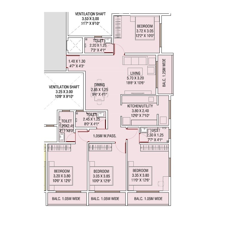 Floor plan of 4 BHK 1281 Sq. Ft. Apartment in Aditya Rameshwar CHS, Thane