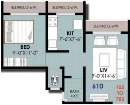 1 BHK 610 Sq. Ft. Apartment in Aditya Royale