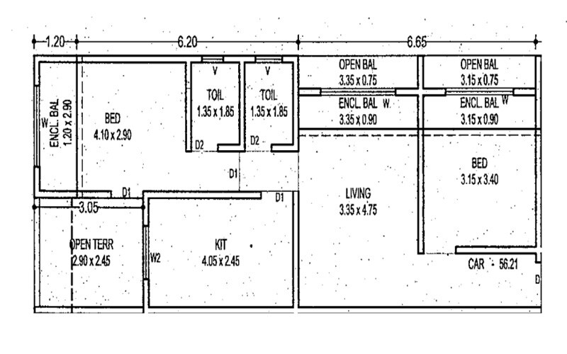 Floor plan of 2 BHK 605 Sq. Ft. Apartment in Aditya Samruddhi CHS, Thane