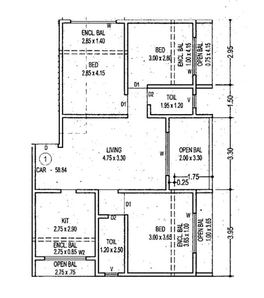 Floor plan of 3 BHK 635 Sq. Ft. Apartment in Aditya Samruddhi CHS, Thane