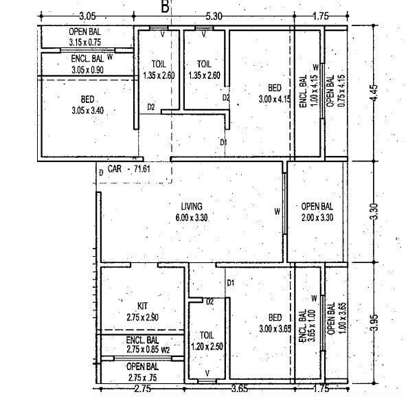 Floor plan of 3 BHK 771 Sq. Ft. Apartment in Aditya Samruddhi CHS, Thane
