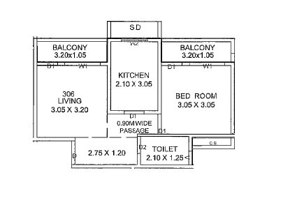 Floor plan of 1 BHK 529 Sq. Ft. Apartment in Aditya Satyajit CHS, Thane