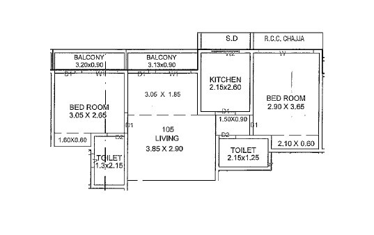 Floor plan of 2 BHK 708 Sq. Ft. Apartment in Aditya Satyajit CHS, Thane