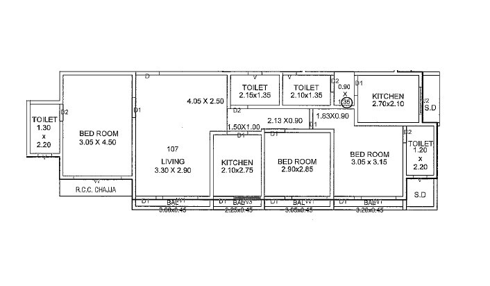 Floor plan of 3 BHK 828 Sq. Ft. Apartment in Aditya Satyajit CHS, Thane