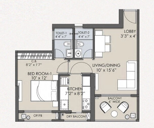 Floor plan of 1 BHK 548 Sq. Ft. Apartment in AG Windermere, Thane