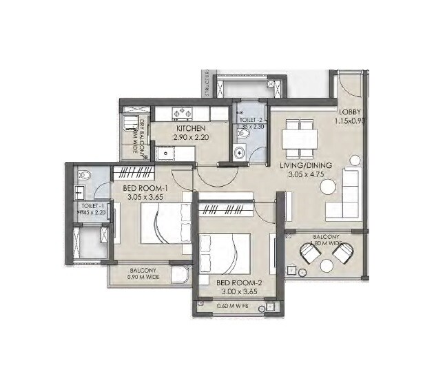 Floor plan of 2 BHK 758 Sq. Ft. Apartment in AG Windermere, Thane