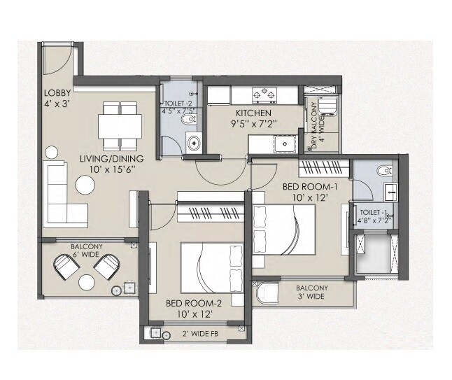 Floor plan of 2 BHK 673 Sq. Ft. Apartment in AG Windermere, Thane