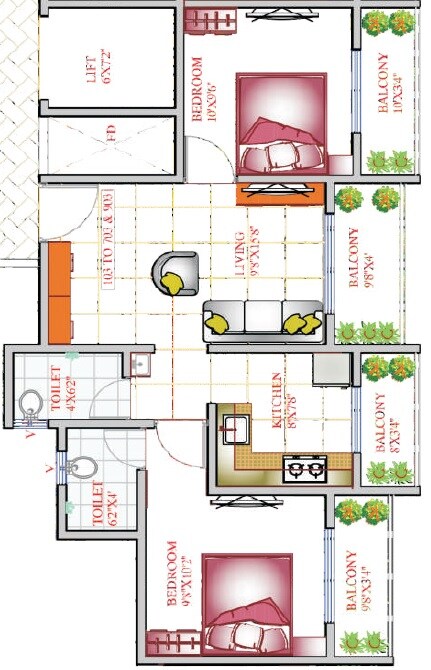 Floor plan of 2 BHK 630 Sq. Ft. Apartment in Ahmahf Empire, Thane
