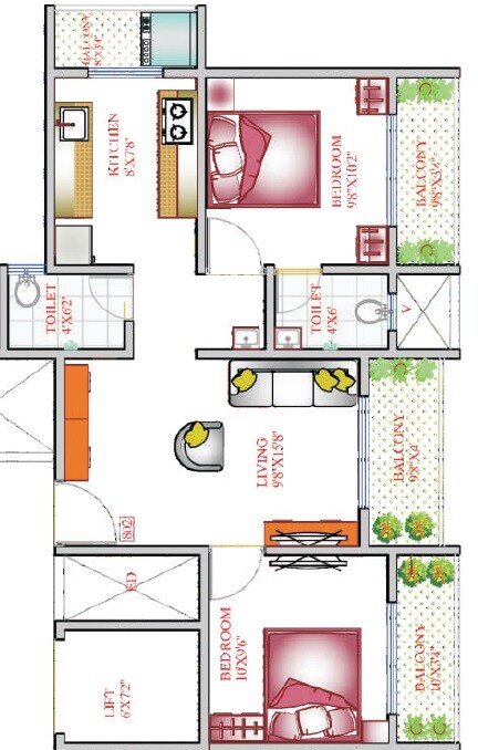 Floor plan of 2 BHK 580 Sq. Ft. Apartment in Ahmahf Empire, Thane