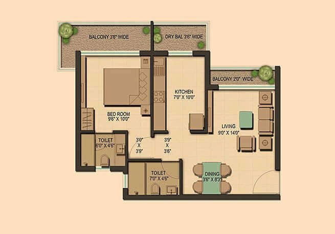 Floor plan of 1 BHK 380 Sq. Ft. Apartment in Ahuja Prasadam, Thane