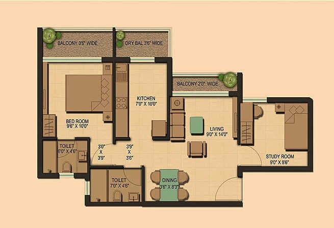 Floor plan of 2 BHK 479 Sq. Ft. Apartment in Ahuja Prasadam, Thane